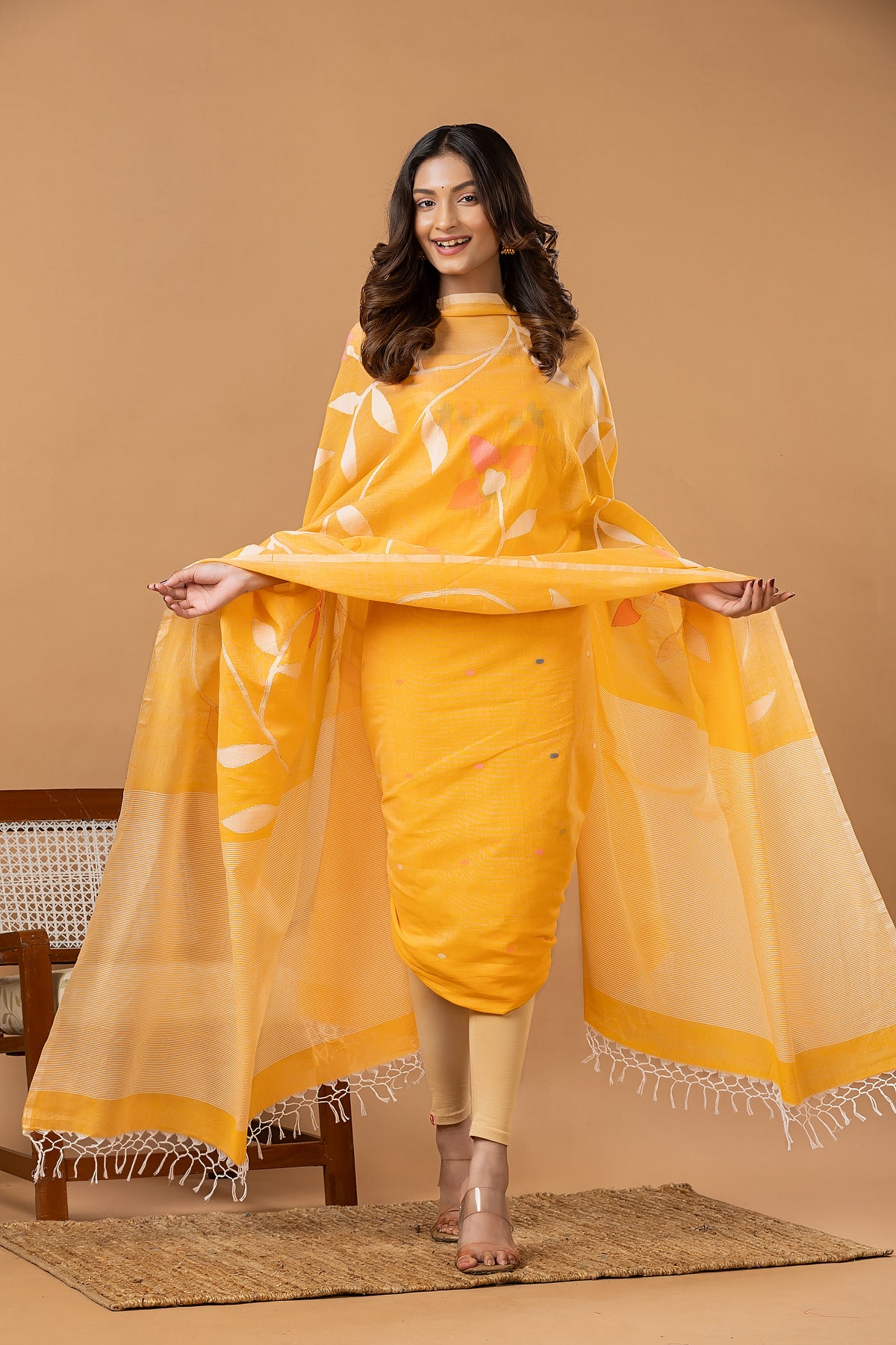 Handwoven Jamdani Silk Cotton Unstitched 2-piece Kurti | Marigold Yellow