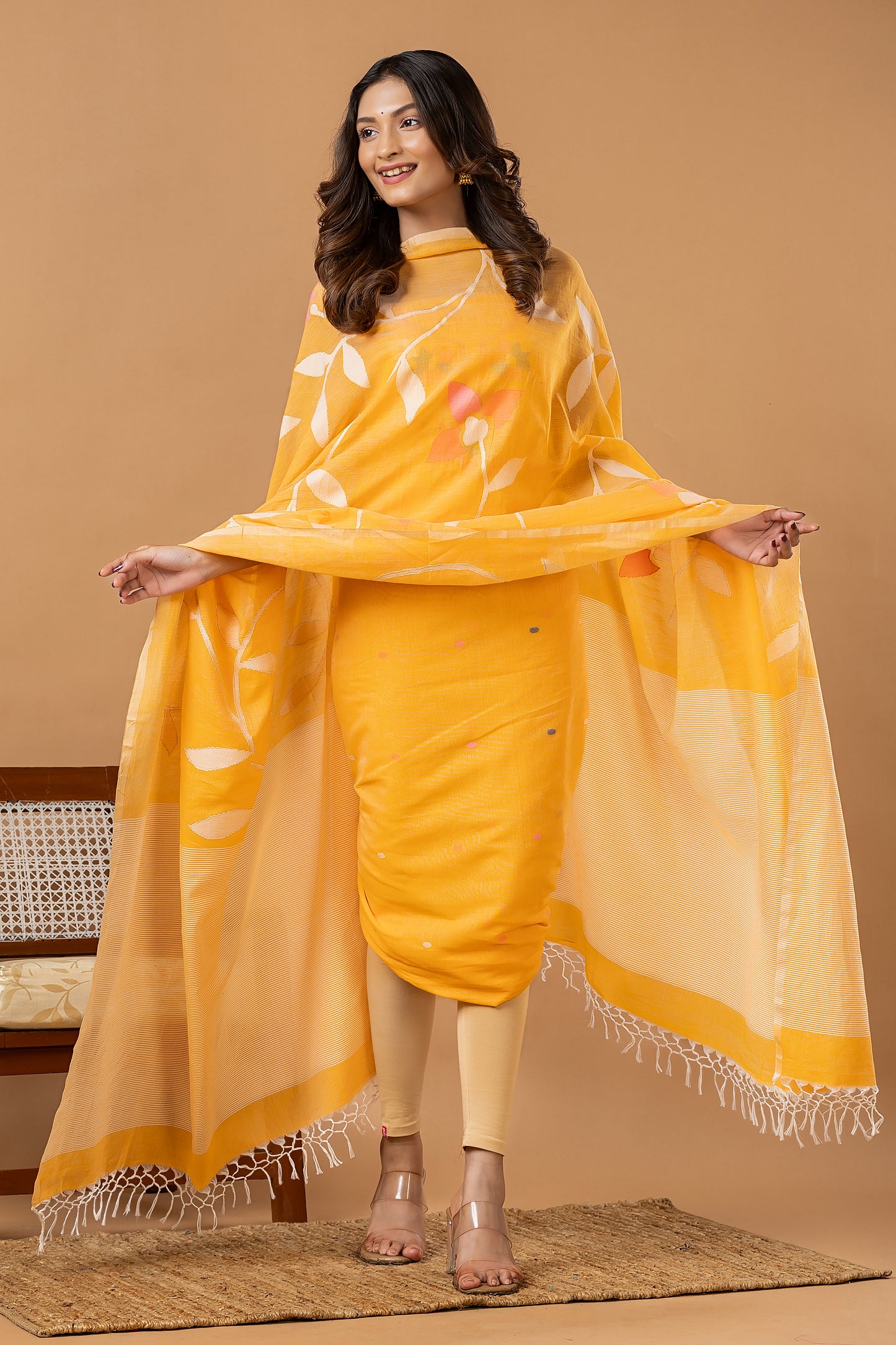 Handwoven Jamdani Silk Cotton Unstitched 2-piece Kurti | Marigold Yellow