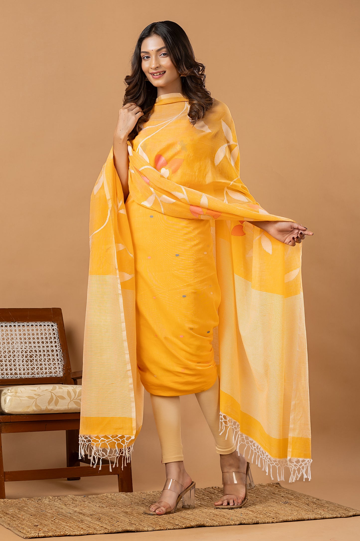 Handwoven Jamdani Silk Cotton Unstitched 2-piece Kurti | Marigold Yellow