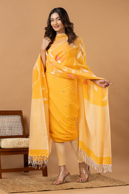 Handwoven Jamdani Silk Cotton Unstitched 2-piece Kurti | Marigold Yellow