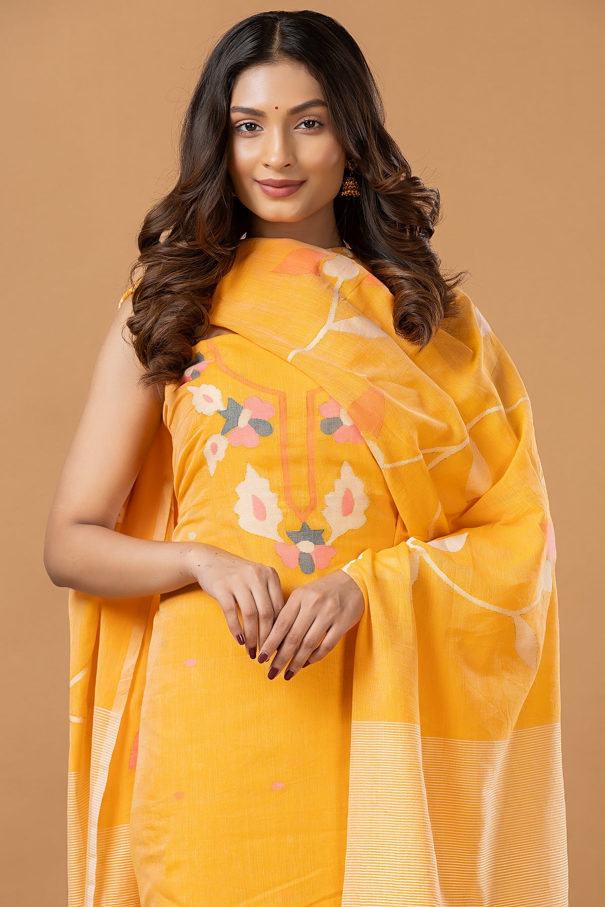 Handwoven Jamdani Silk Cotton Unstitched 2-piece Kurti | Marigold Yellow