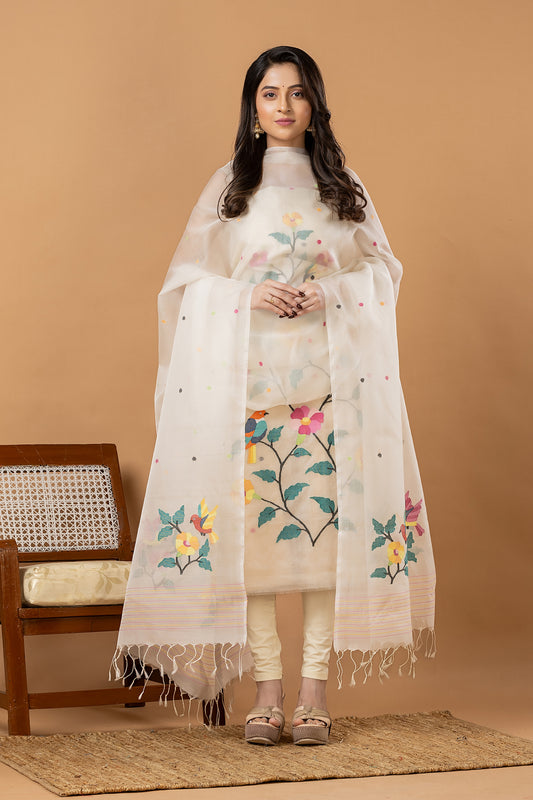 Handwoven Jamdani Muslin Unstitched 2-piece Kurti | White | All-over Jamdani weaves with Floral border