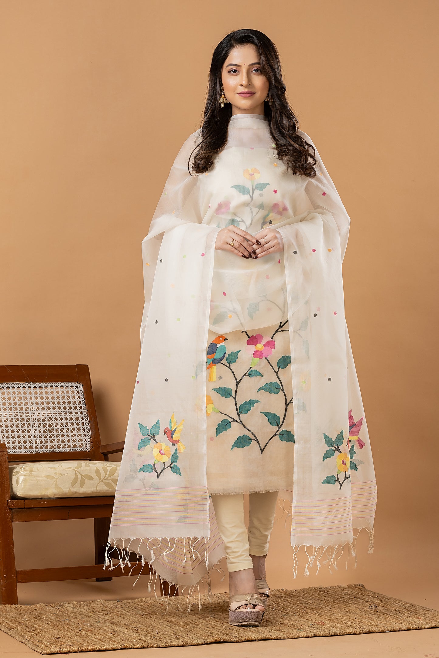 Handwoven Jamdani Muslin Unstitched 2-piece Kurti | White | All-over Jamdani weaves with Floral border