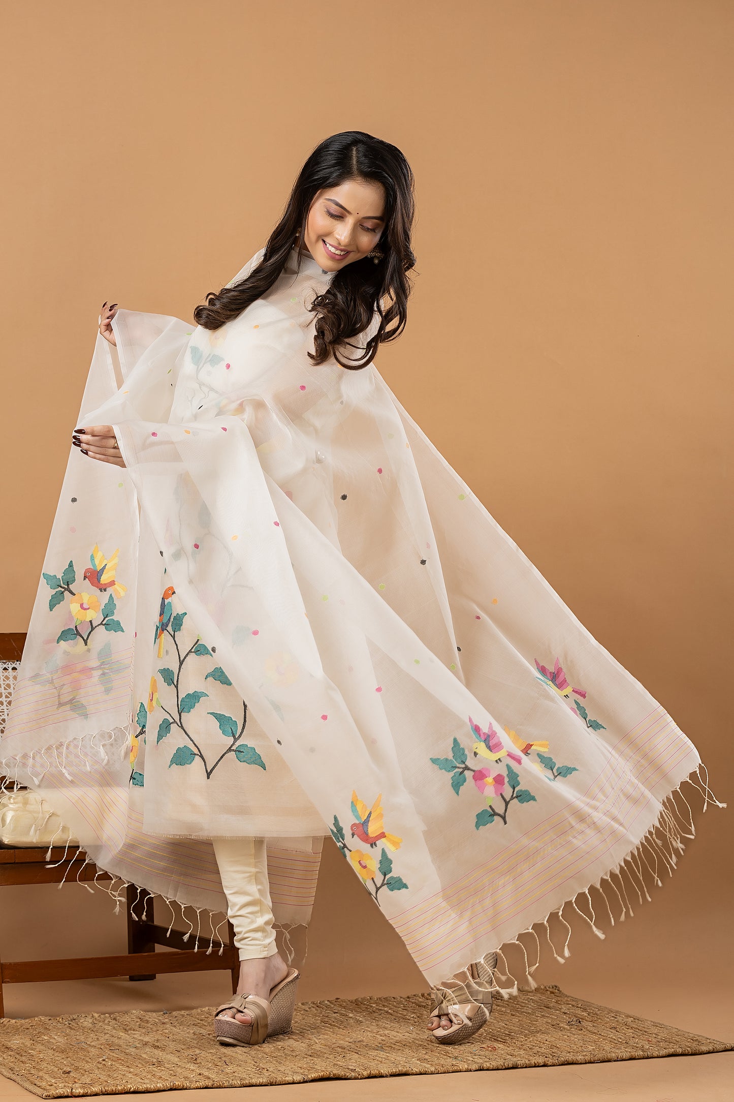 Handwoven Jamdani Muslin Unstitched 2-piece Kurti | White | All-over Jamdani weaves with Floral border