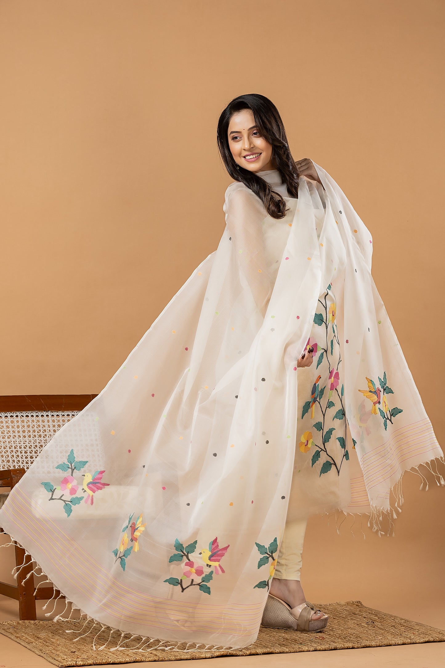 Handwoven Jamdani Muslin Unstitched 2-piece Kurti | White | All-over Jamdani weaves with Floral border
