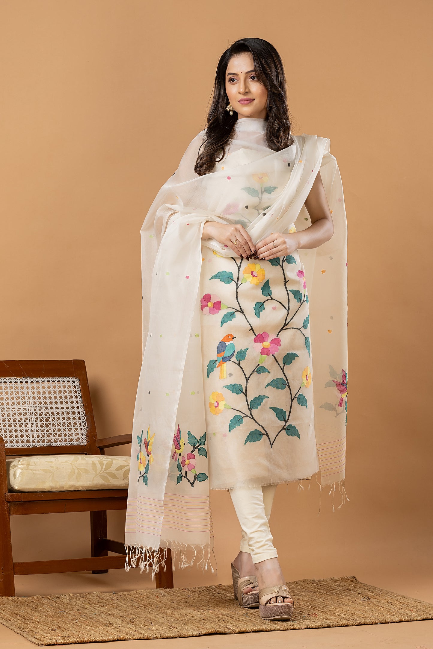 Handwoven Jamdani Muslin Unstitched 2-piece Kurti | White | All-over Jamdani weaves with Floral border