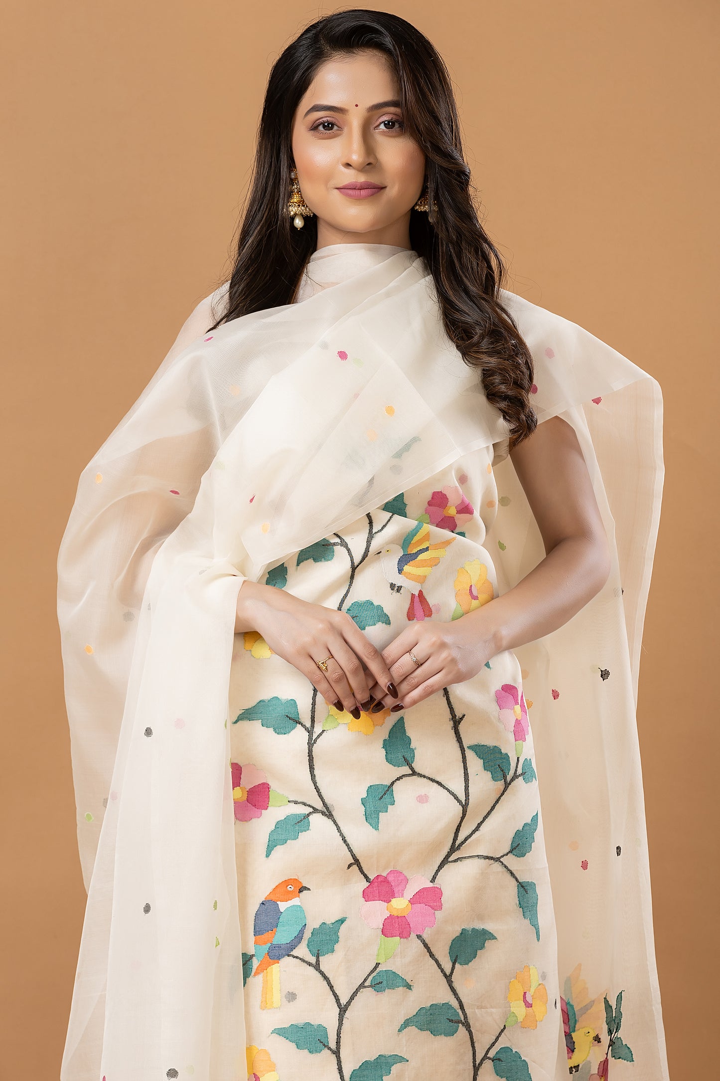 Handwoven Jamdani Muslin Unstitched 2-piece Kurti | White | All-over Jamdani weaves with Floral border