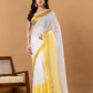 Pure Handloom Cotton Saree | White and Yellow | Plain Body with Ribbon border