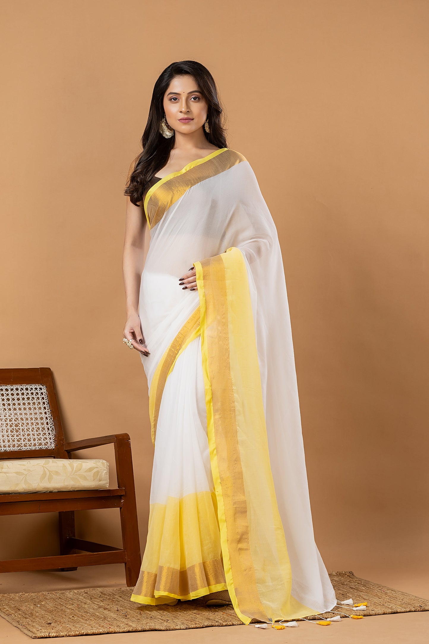 Pure Handloom Cotton Saree | White and Yellow | Plain Body with Ribbon border