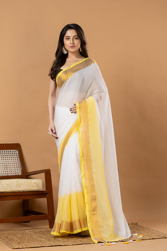 Pure Handloom Cotton Saree | White and Yellow | Plain Body with Ribbon border