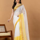 Pure Handloom Cotton Saree | White and Yellow | Plain Body with Ribbon border