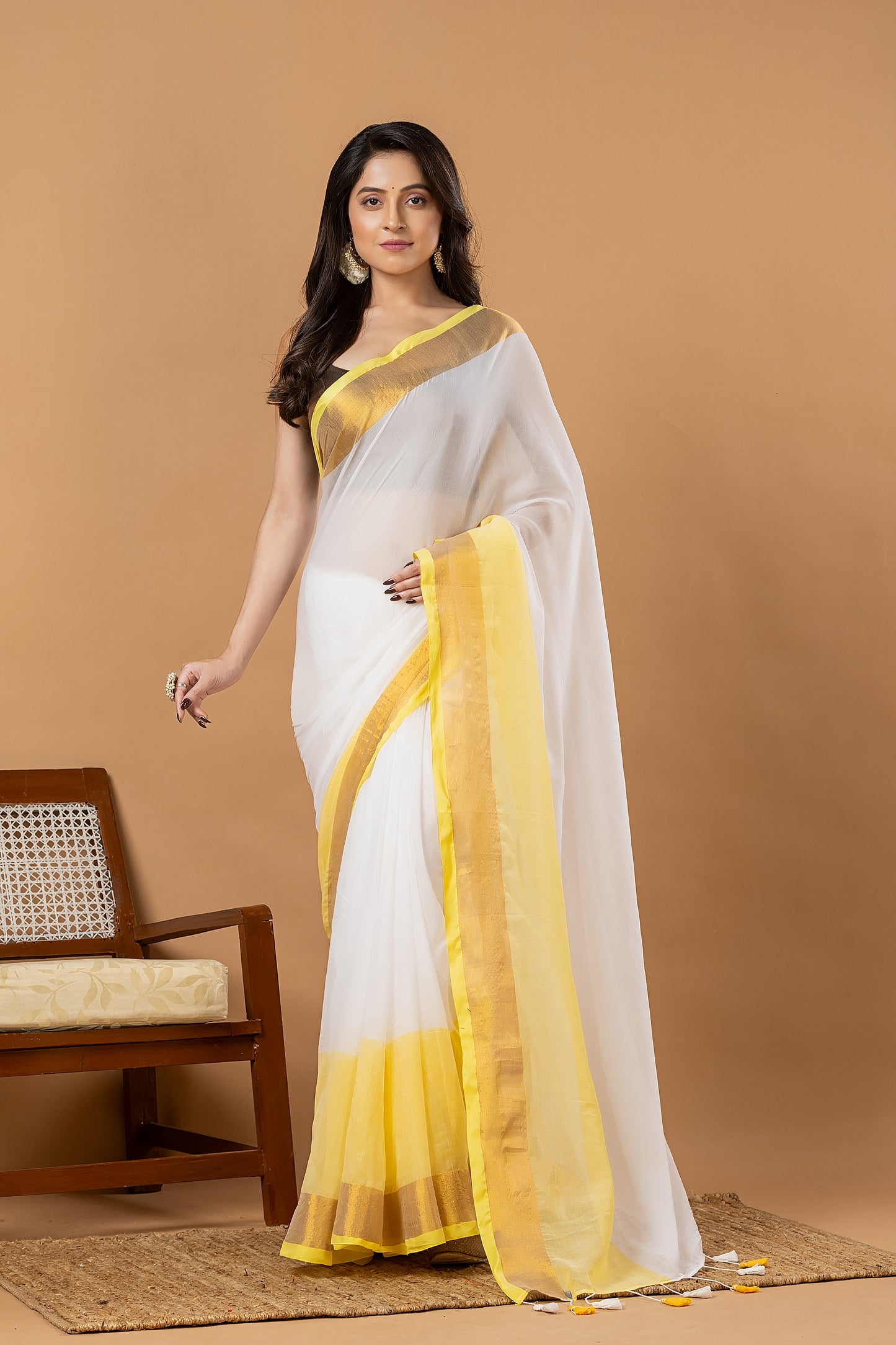 Pure Handloom Cotton Saree | White and Yellow | Plain Body with Ribbon border