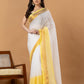 Pure Handloom Cotton Saree | White and Yellow | Plain Body with Ribbon border