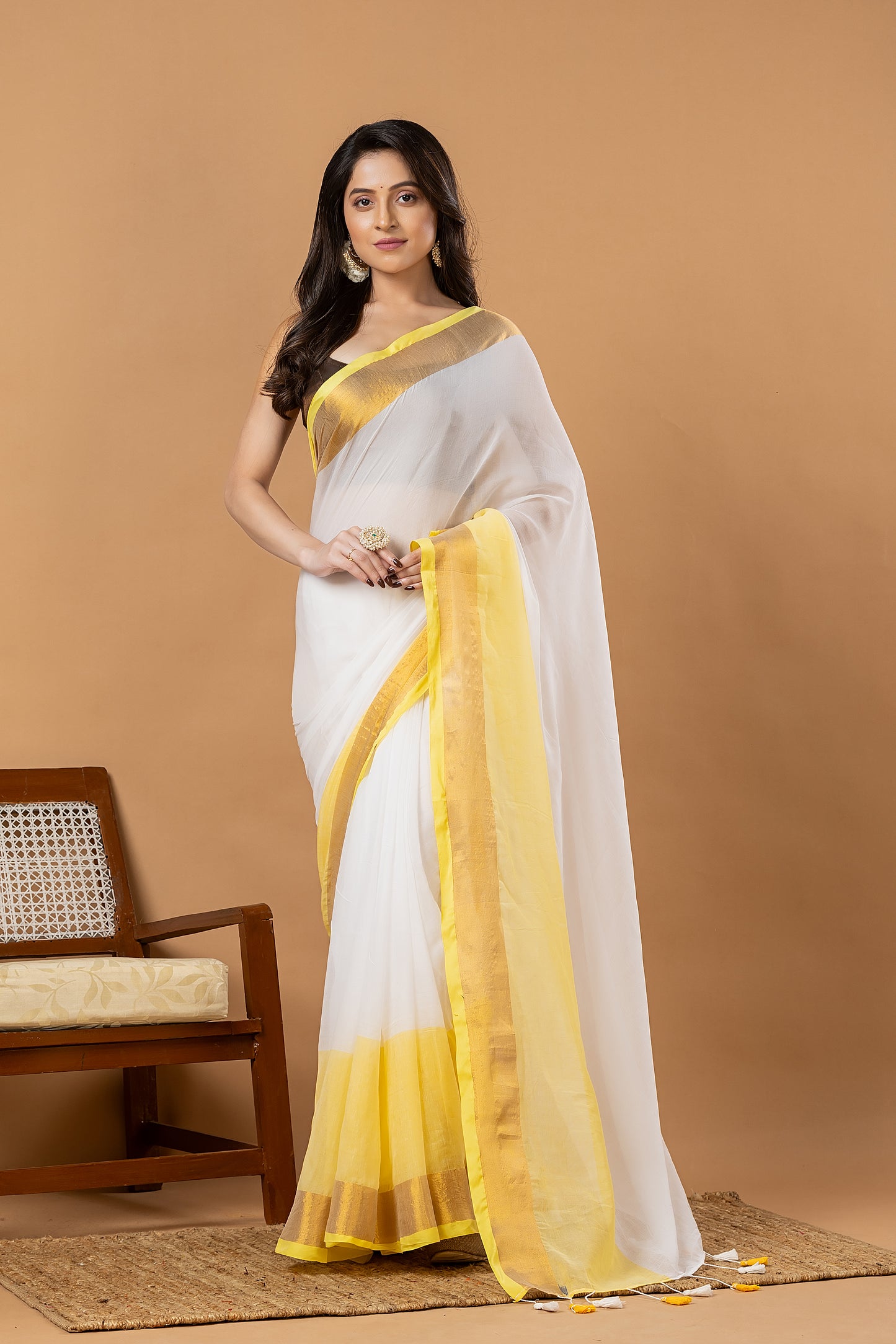 Pure Handloom Cotton Saree | White and Yellow | Plain Body with Ribbon border