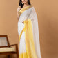 Pure Handloom Cotton Saree | White and Yellow | Plain Body with Ribbon border