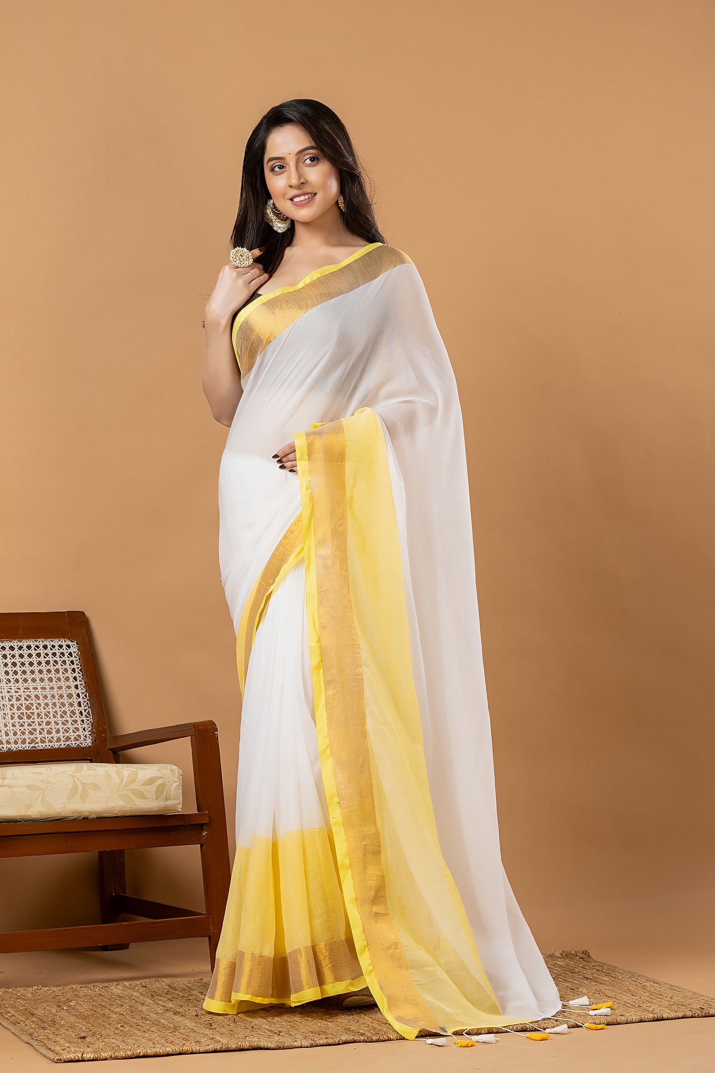 Pure Handloom Cotton Saree | White and Yellow | Plain Body with Ribbon border