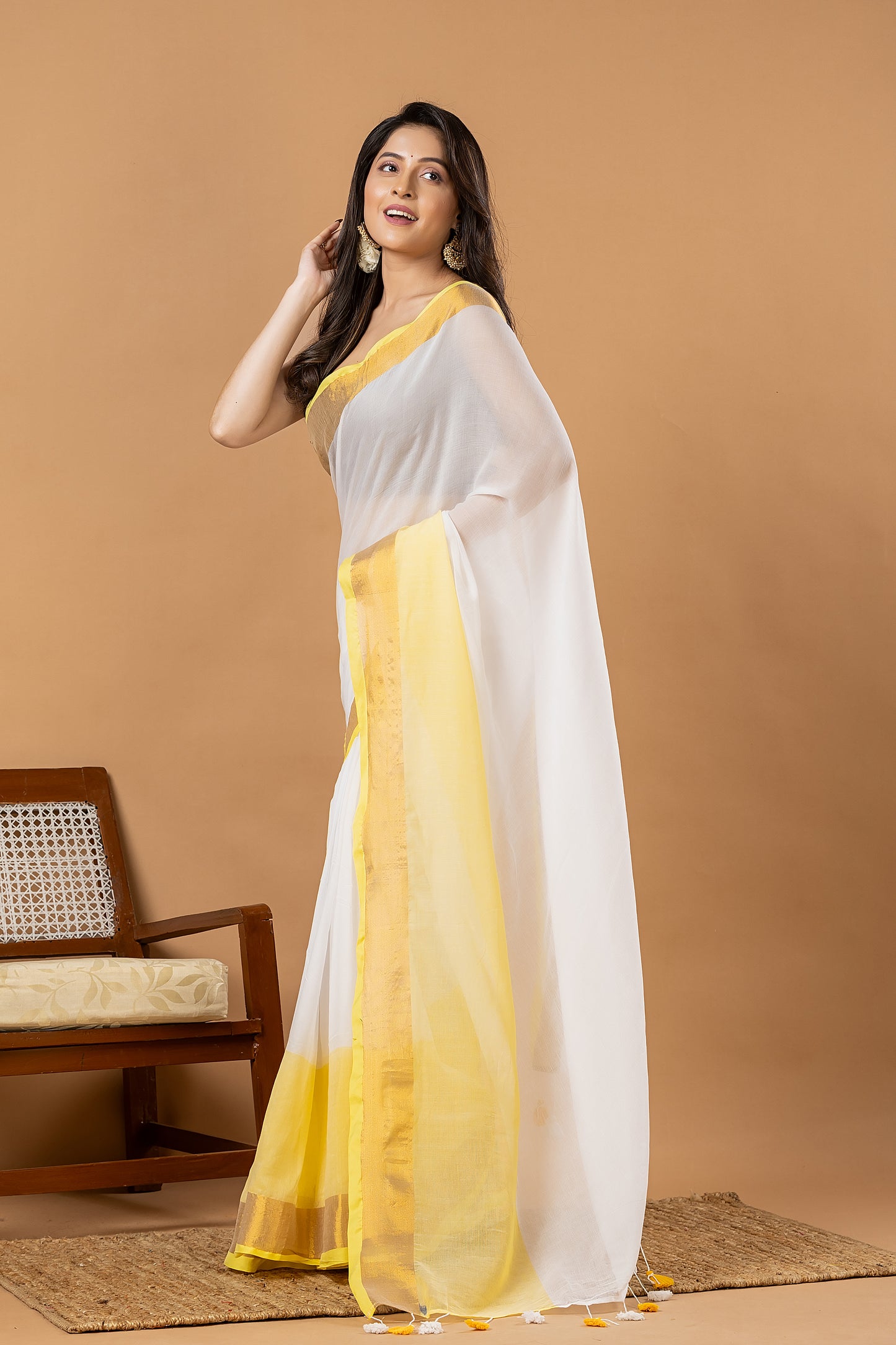 Pure Handloom Cotton Saree | White and Yellow | Plain Body with Ribbon border