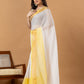 Pure Handloom Cotton Saree | White and Yellow | Plain Body with Ribbon border