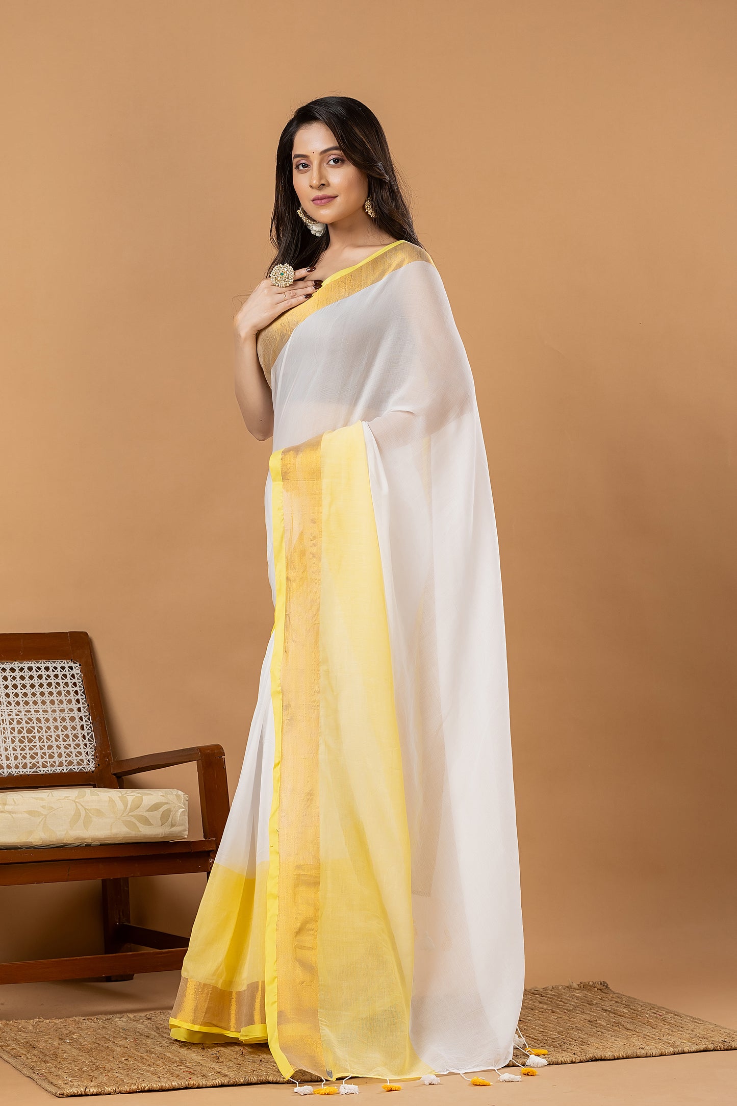 Pure Handloom Cotton Saree | White and Yellow | Plain Body with Ribbon border