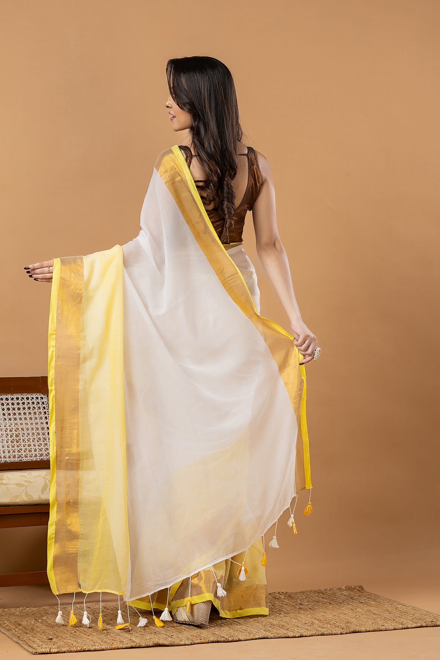 Pure Handloom Cotton Saree | White and Yellow | Plain Body with Ribbon border
