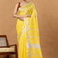 Pure Handloom Linen Saree | Yellow and White | Plain Body with Ribbon border
