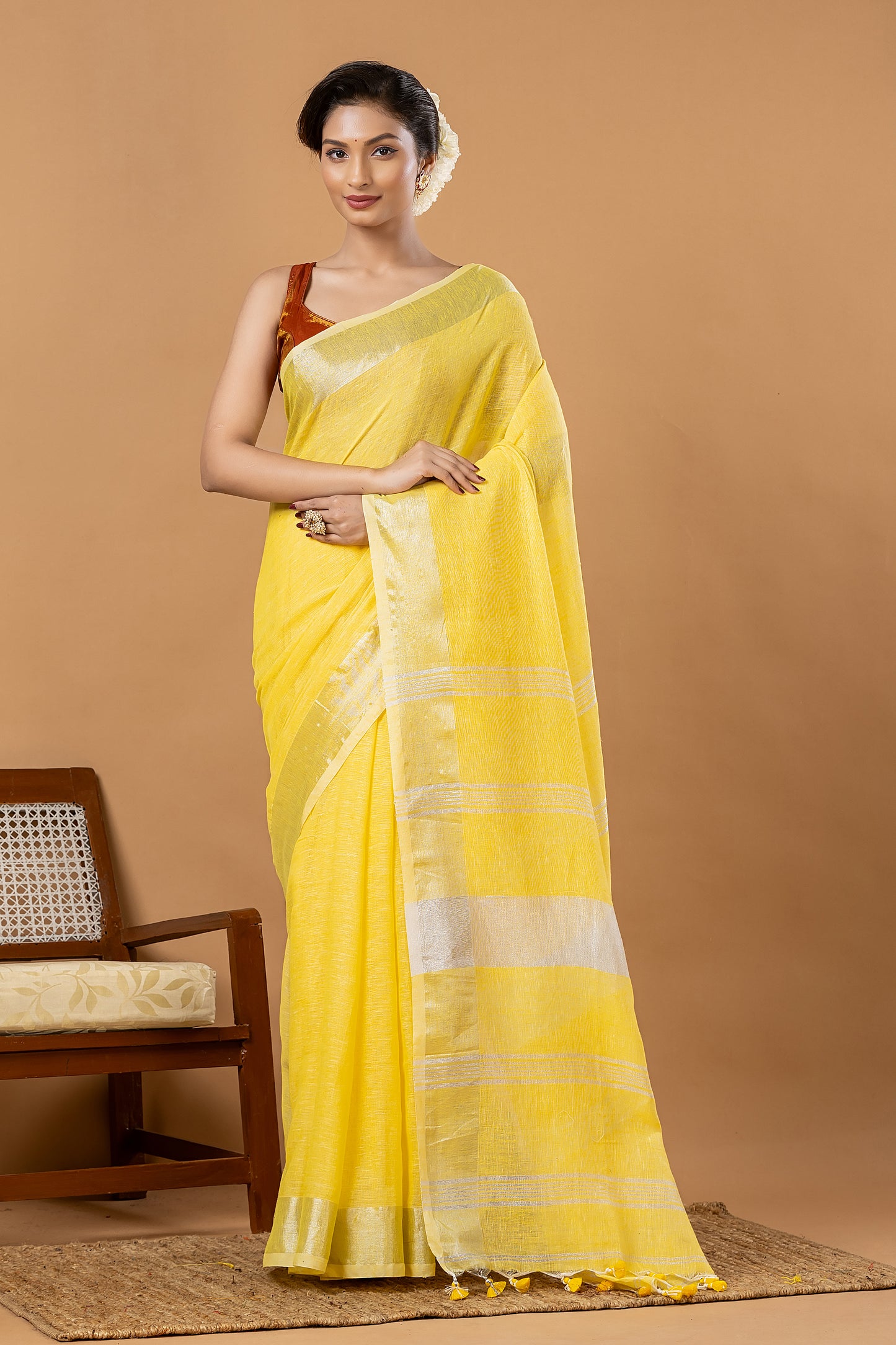 Pure Handloom Linen Saree | Yellow and White | Plain Body with Ribbon border