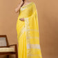Pure Handloom Linen Saree | Yellow and White | Plain Body with Ribbon border