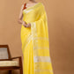 Pure Handloom Linen Saree | Yellow and White | Plain Body with Ribbon border