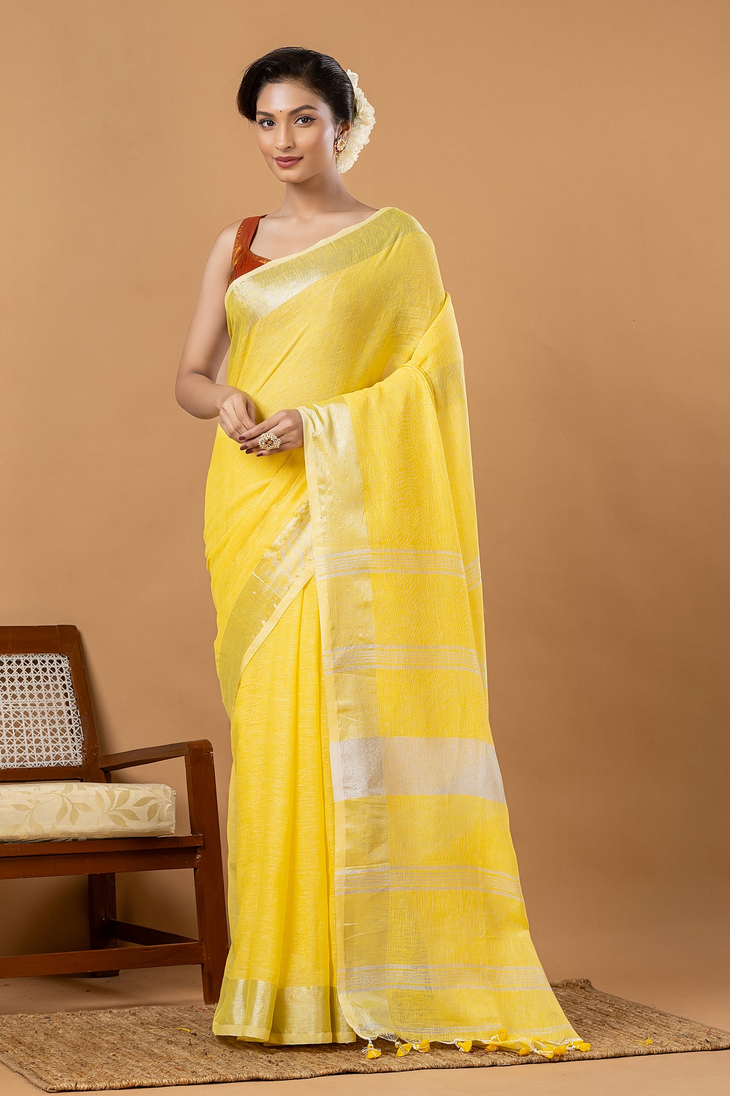 Pure Handloom Linen Saree | Yellow and White | Plain Body with Ribbon border