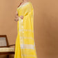 Pure Handloom Linen Saree | Yellow and White | Plain Body with Ribbon border