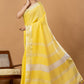 Pure Handloom Linen Saree | Yellow and White | Plain Body with Ribbon border