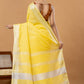 Pure Handloom Linen Saree | Yellow and White | Plain Body with Ribbon border