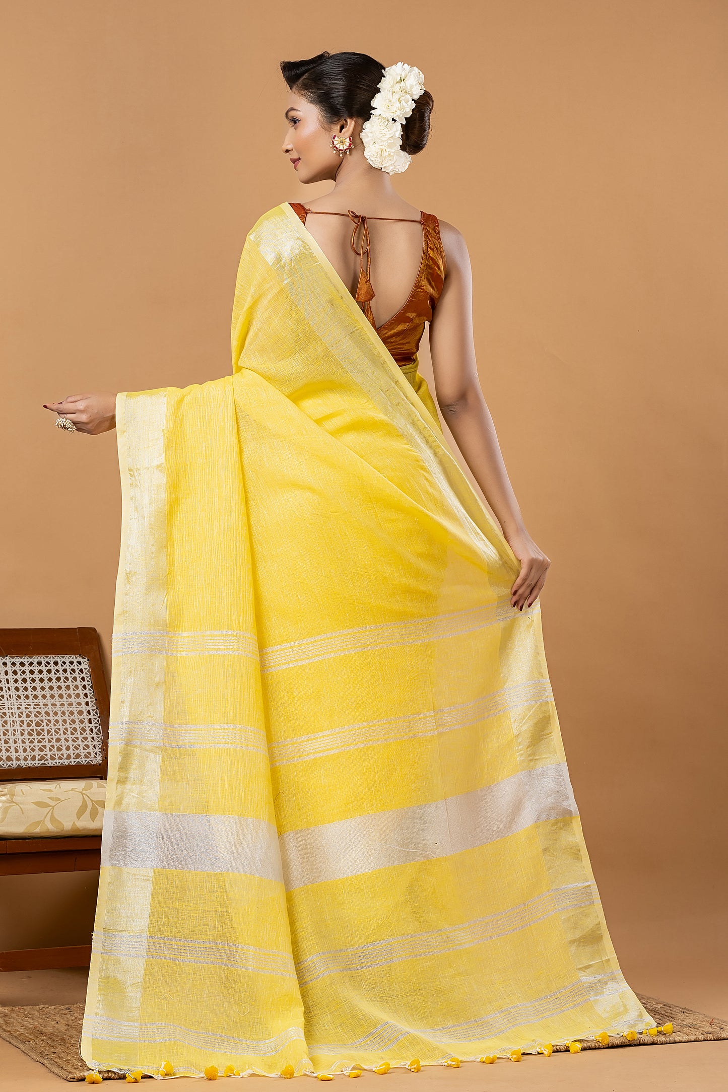 Pure Handloom Linen Saree | Yellow and White | Plain Body with Ribbon border