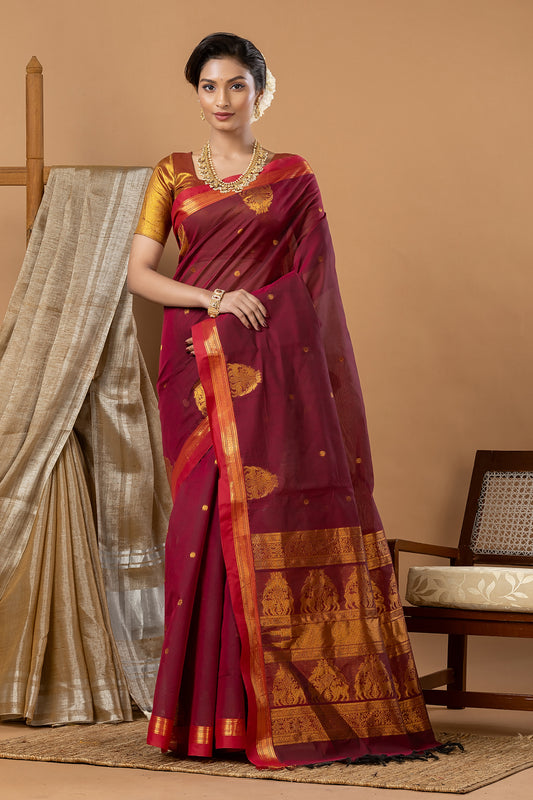 Traditional Chettinad Cotton Saree | Deep Wine