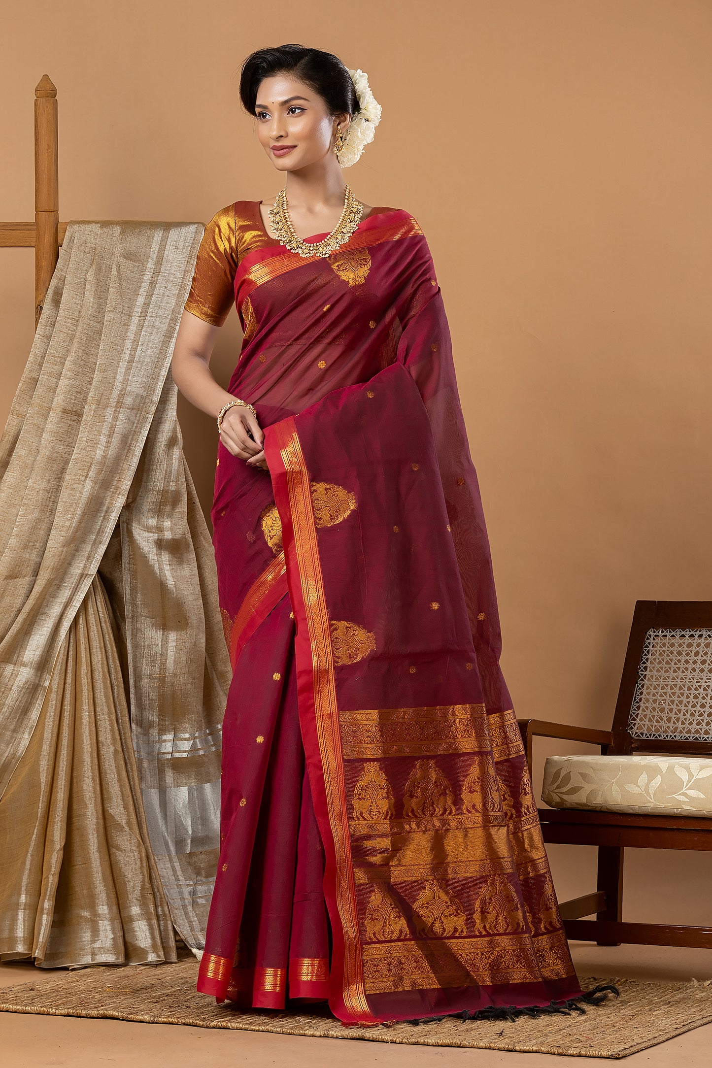 Traditional Chettinad Cotton Saree | Deep Wine