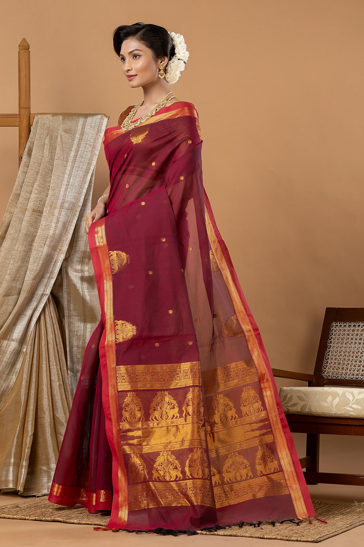 Traditional Chettinad Cotton Saree | Deep Wine
