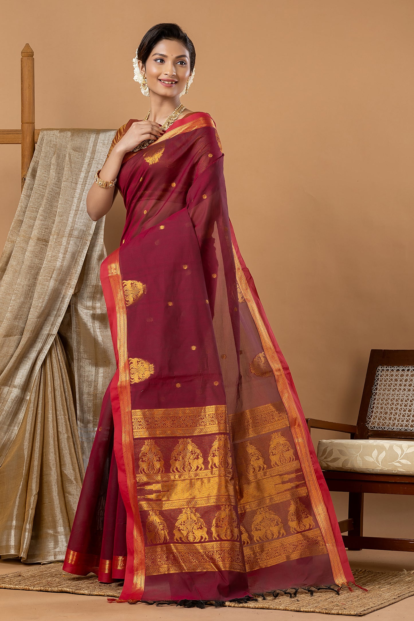 Traditional Chettinad Cotton Saree | Deep Wine