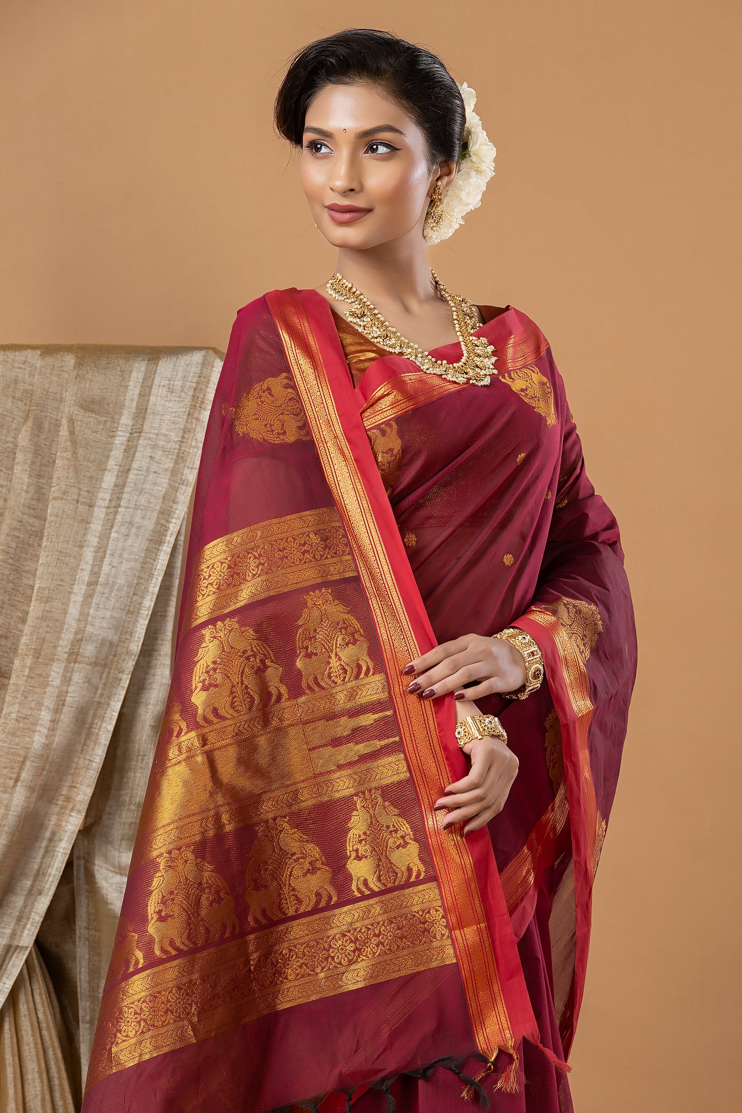 Traditional Chettinad Cotton Saree | Deep Wine