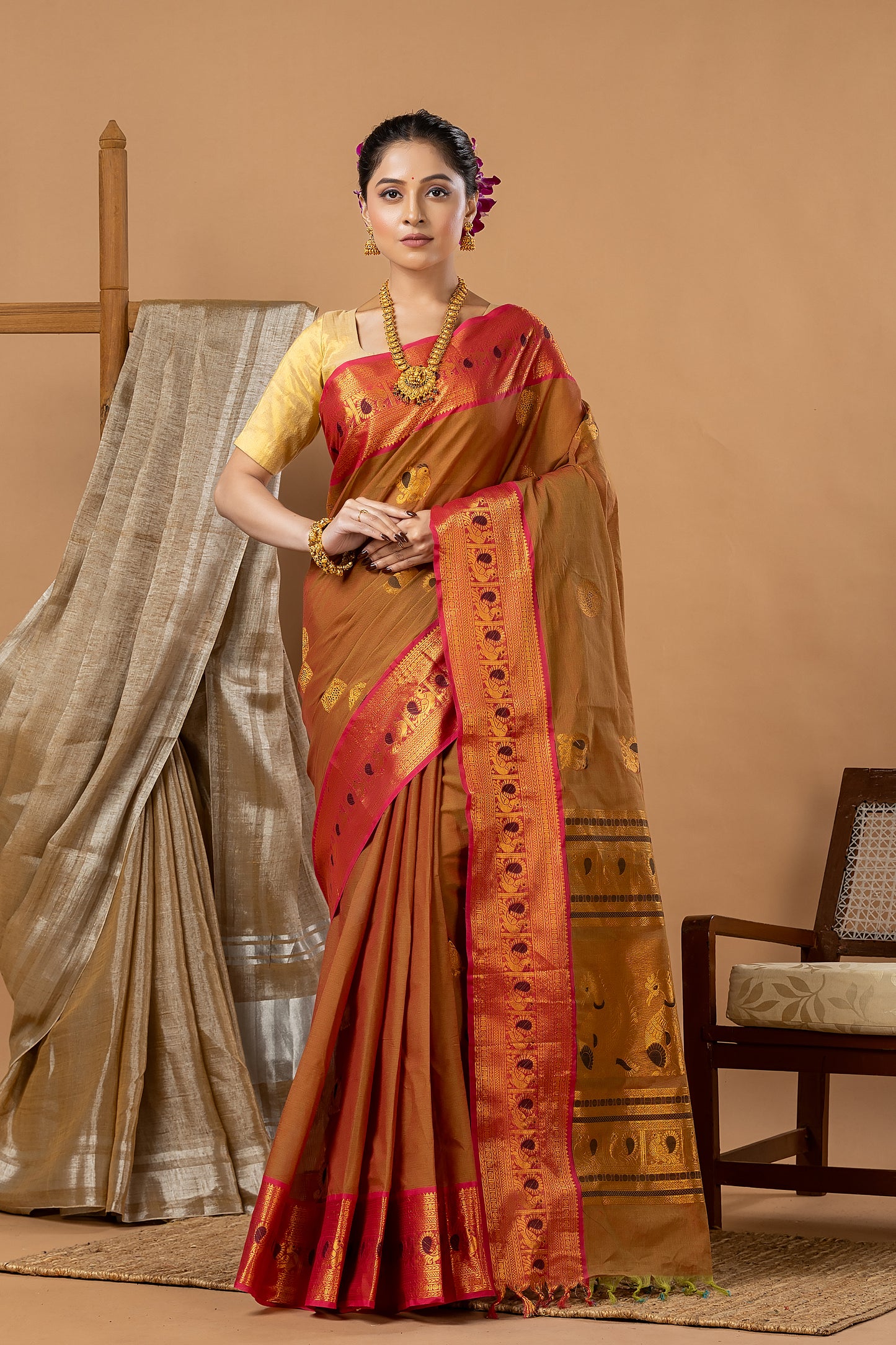 Traditional Chettinad Cotton Saree | Copper Brown
