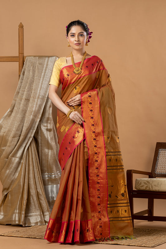Traditional Chettinad Cotton Saree | Copper Brown