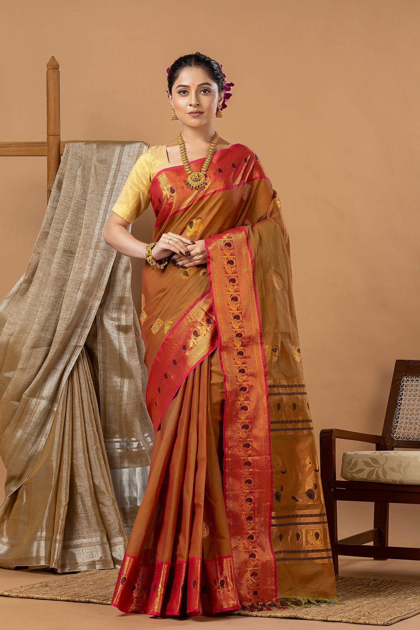Traditional Chettinad Cotton Saree | Copper Brown
