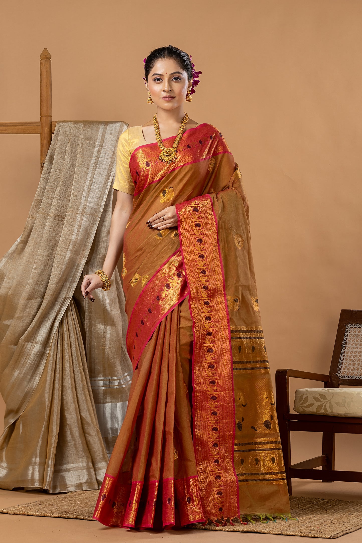 Traditional Chettinad Cotton Saree | Copper Brown