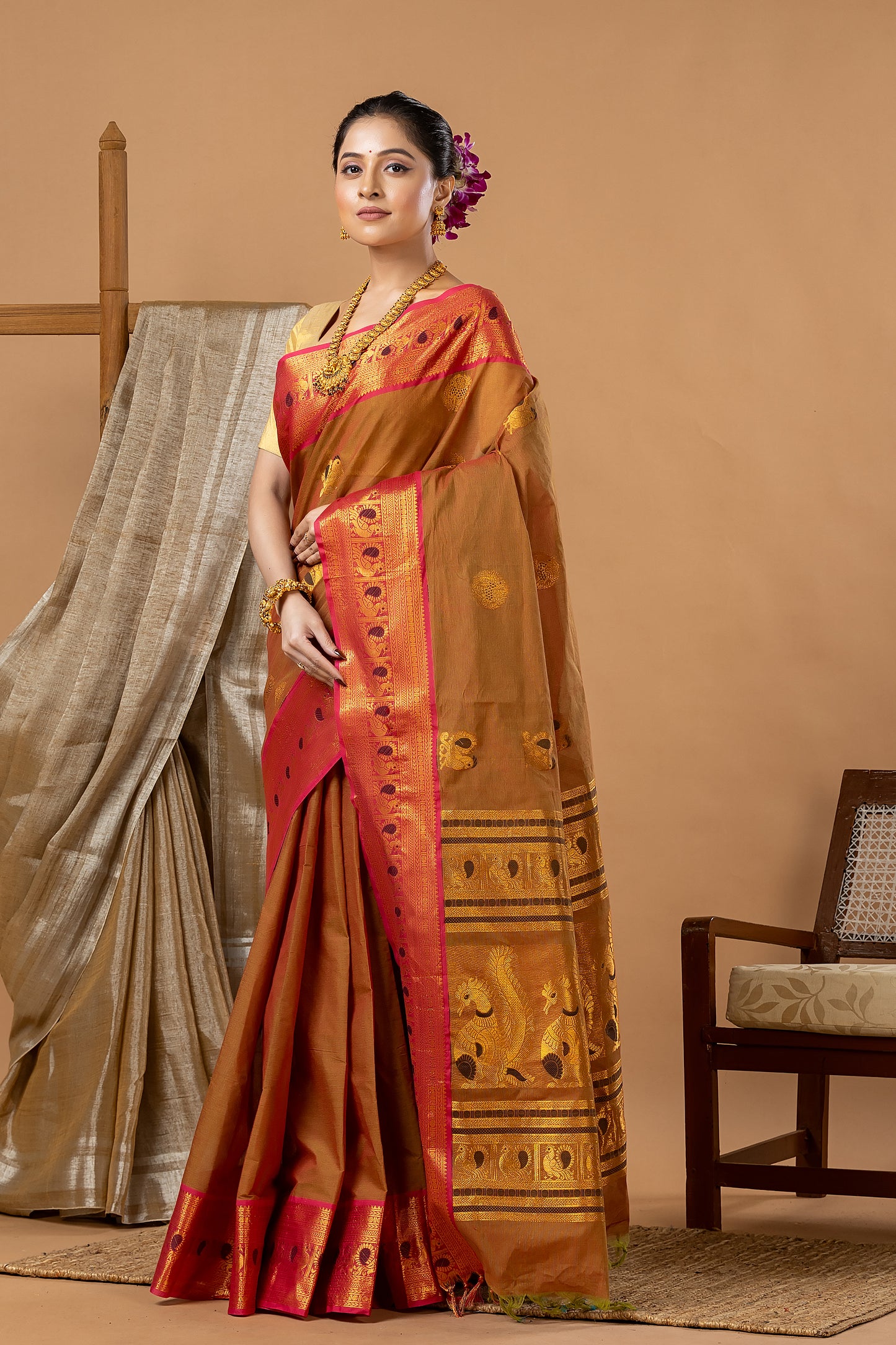 Traditional Chettinad Cotton Saree | Copper Brown