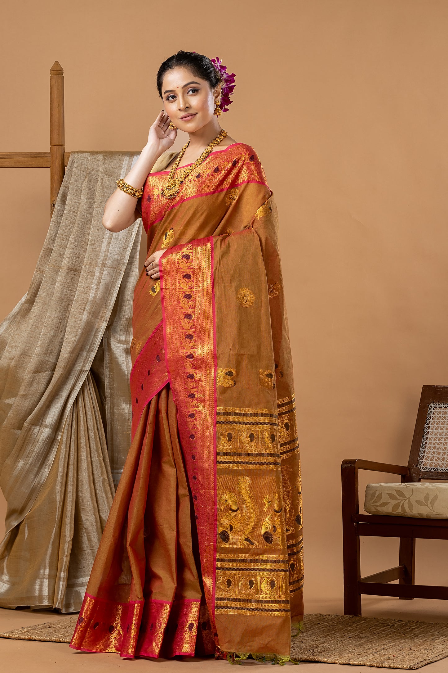 Traditional Chettinad Cotton Saree | Copper Brown