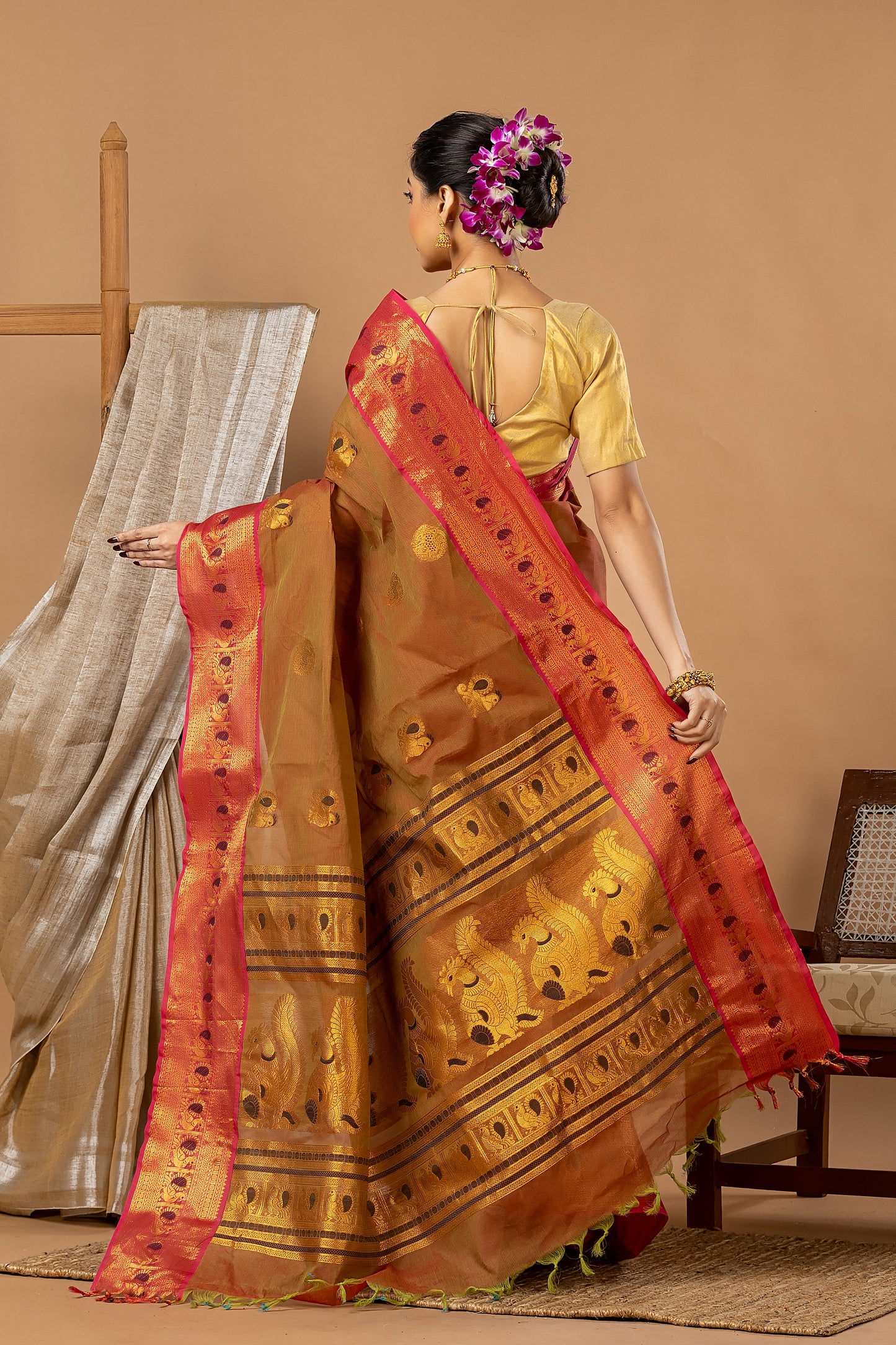 Traditional Chettinad Cotton Saree | Copper Brown