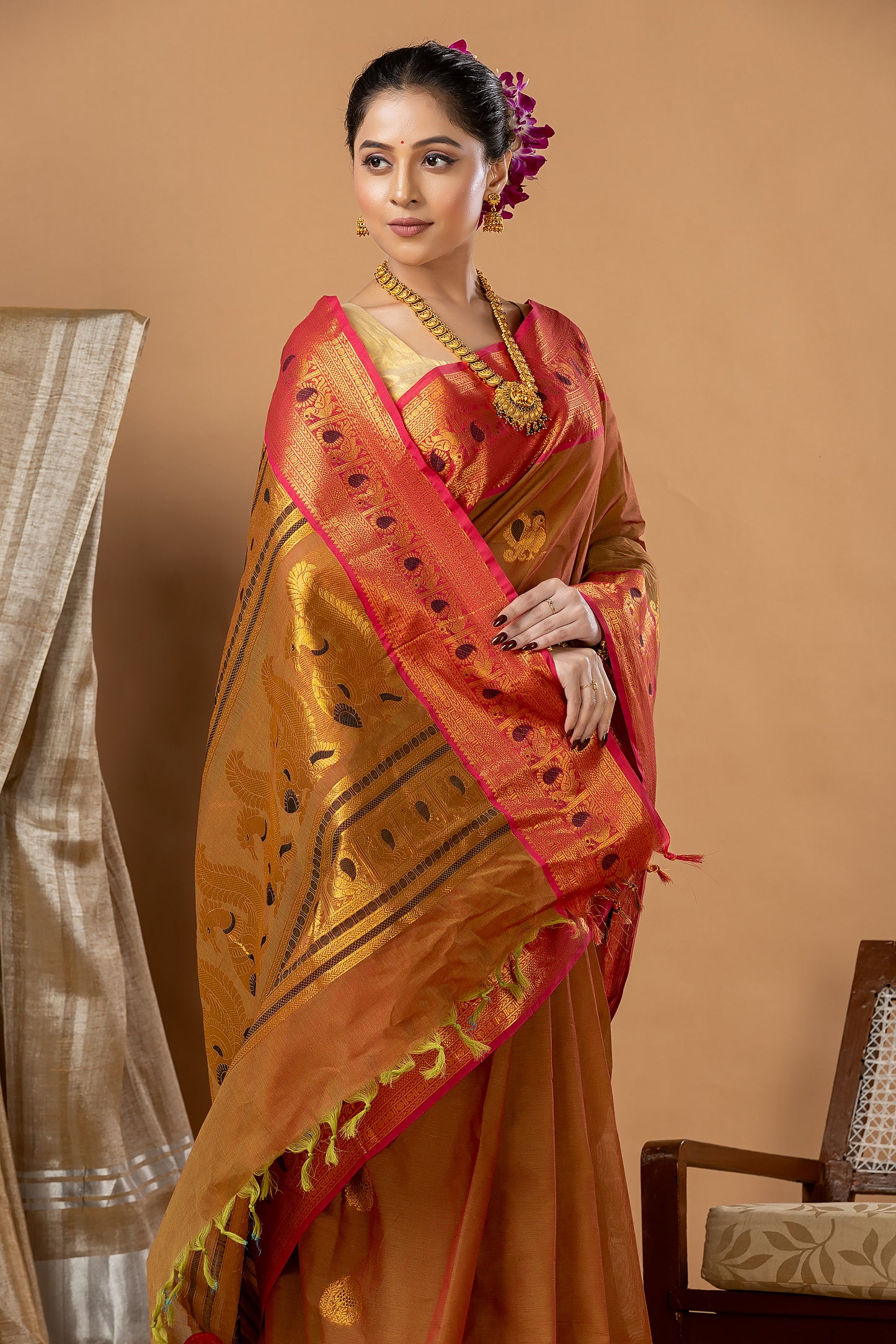 Traditional Chettinad Cotton Saree | Copper Brown