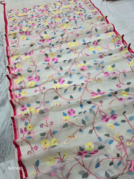 Pure Tantuj Muslin Jamdani Needle Work Handwoven Saree In Snow White - 157