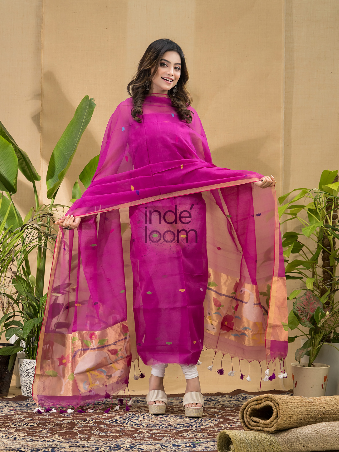 Hot Pink Jamdani 2-Piece Set Kurti & Dupatta (UNSTITCHED) -694
