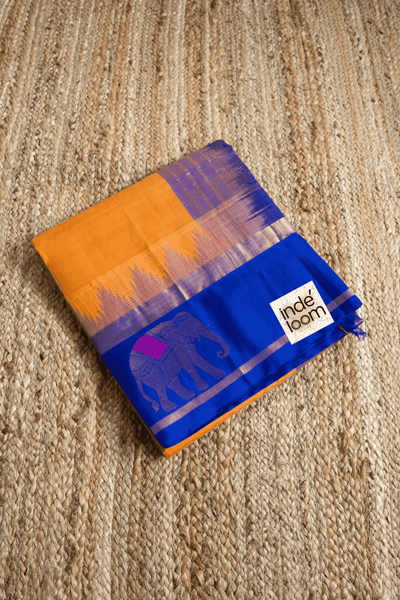 Korvai Saree in Mango Yellow with Dark Blue Border - 068 - indeloom