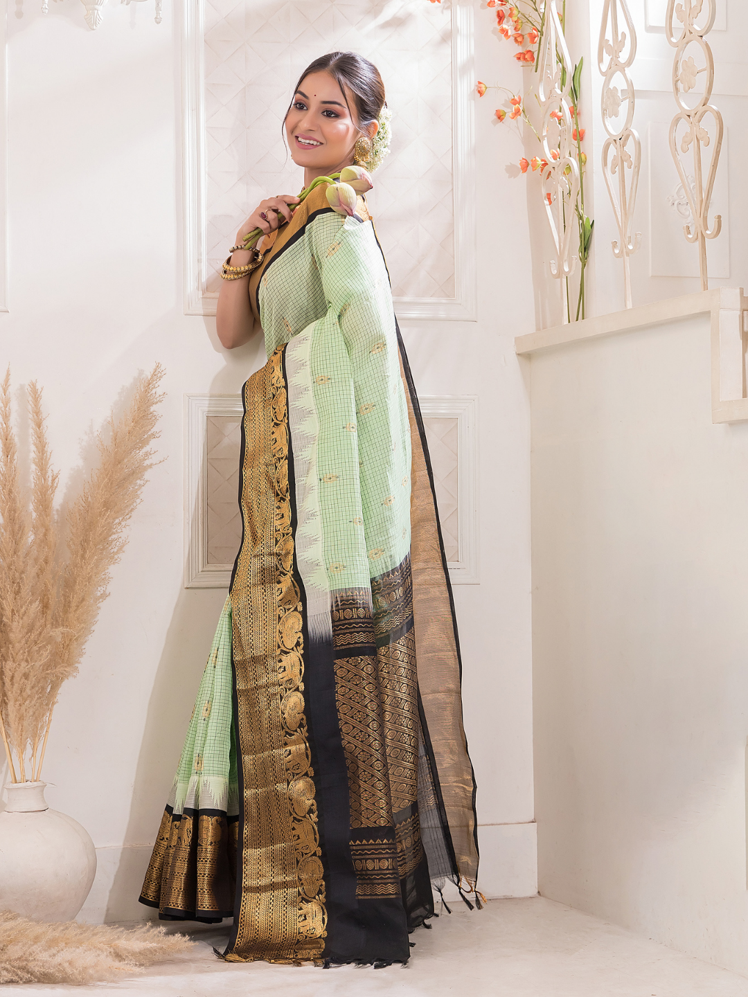Pure Handloom Korvai Saree | Mint Green and Golden Black